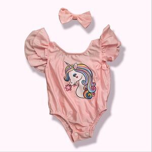 NWT Beloved - Short Sleeve Flutter Sleeve Swim Unicorn Leotard with Matching Bow